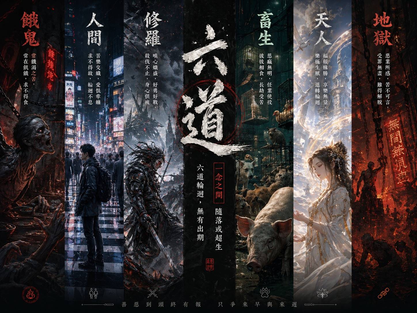 【六道】餓鬼、人間、修羅、畜生、天人、地獄......六道輪迴，善惡到頭終有報，之爭來早與